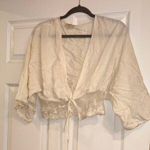 Urban Outfitters Cream Cropped Tie-Front Tunic